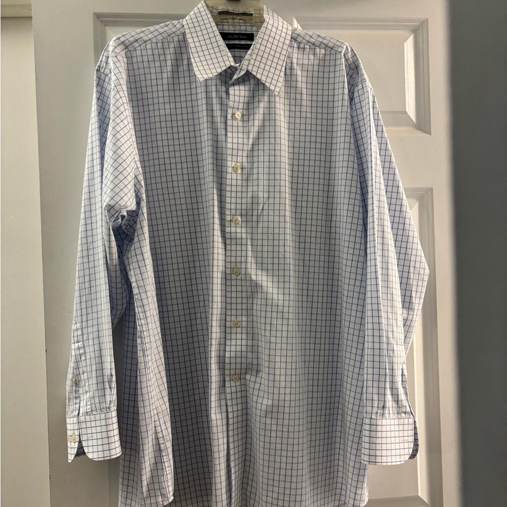 Saks Fifth Avenue White and Blue Grid Dress Shirt
